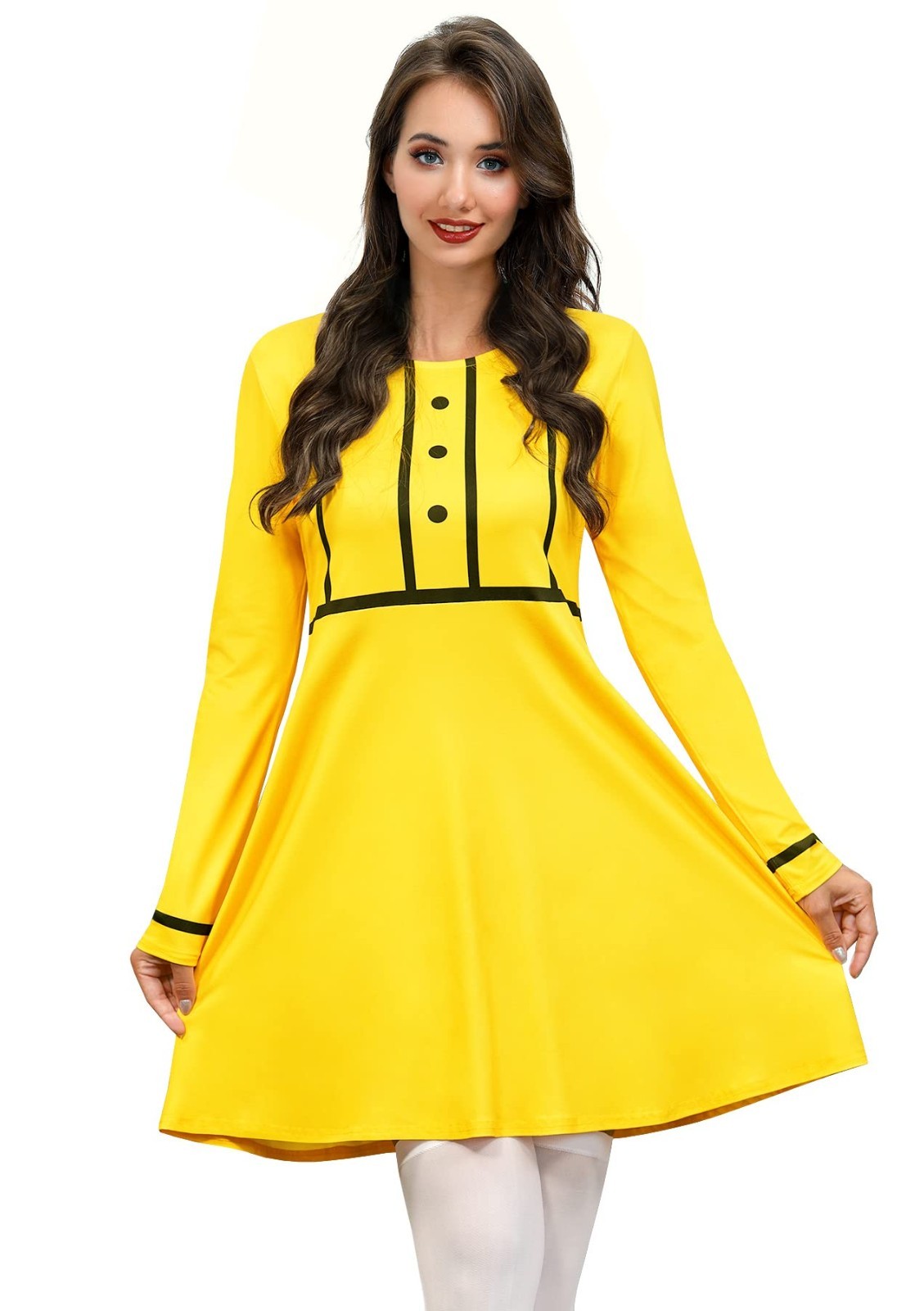 Women’s Halloween Costume Long Sleeve Yellow Mini Dress for Cosplay & Parties S-