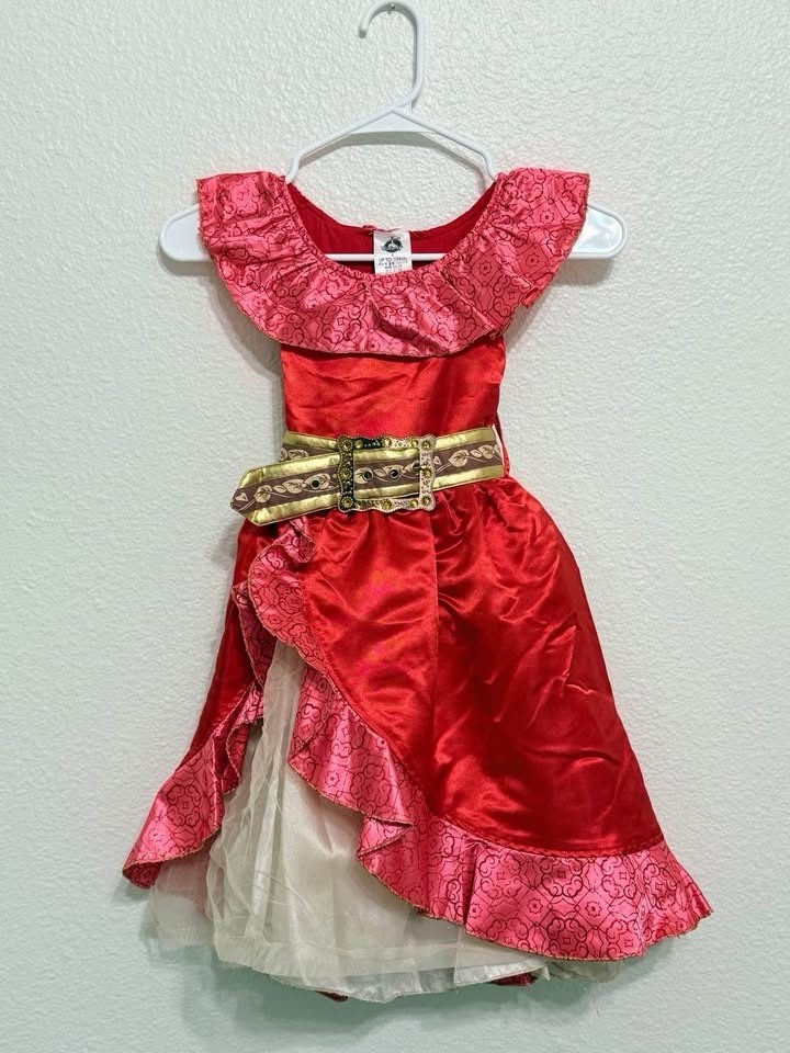 Elena of Avalor Red Costume Dress w/ Gold Belt & Black Wig – Girls Size 4