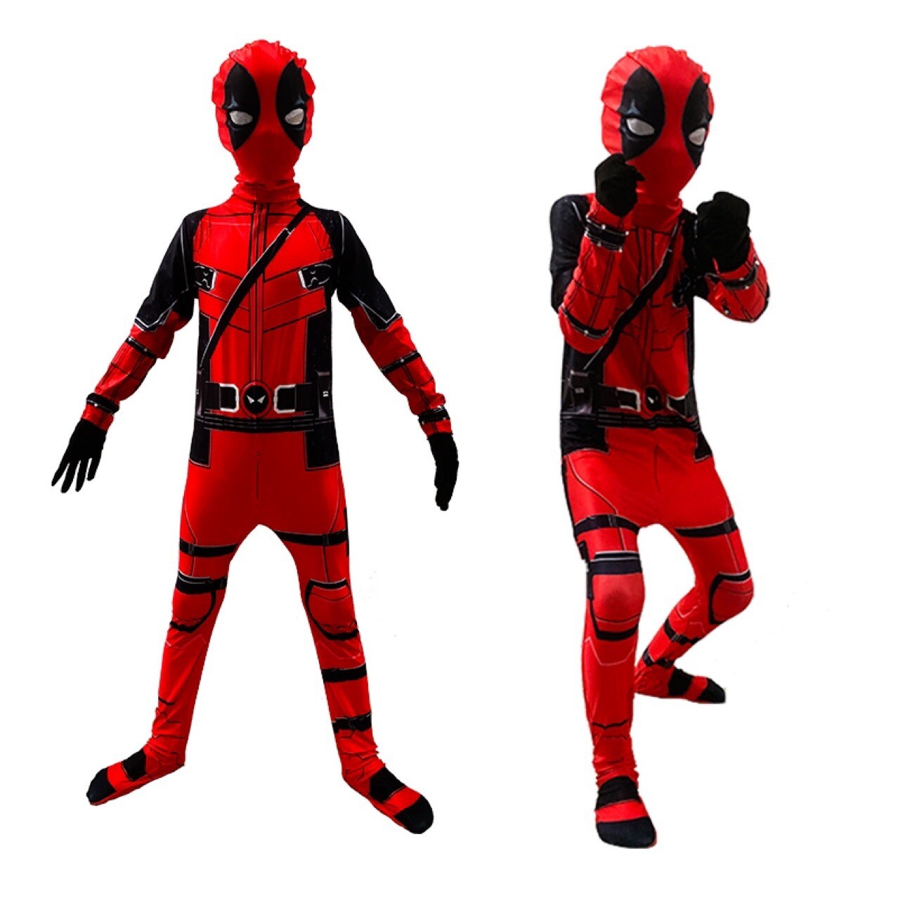 Deadpool Costume Jumpsuit + Dual Swords w/Harness Holder for Halloween Cosplay