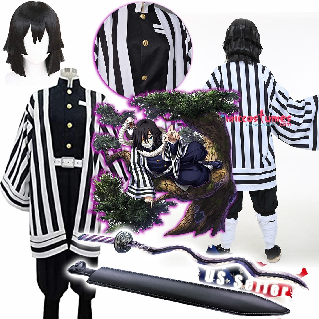 Men’s Costume Demon Slayer Kimetsu no Yaiba Outfit Cosplay Sword Wig Set US ship