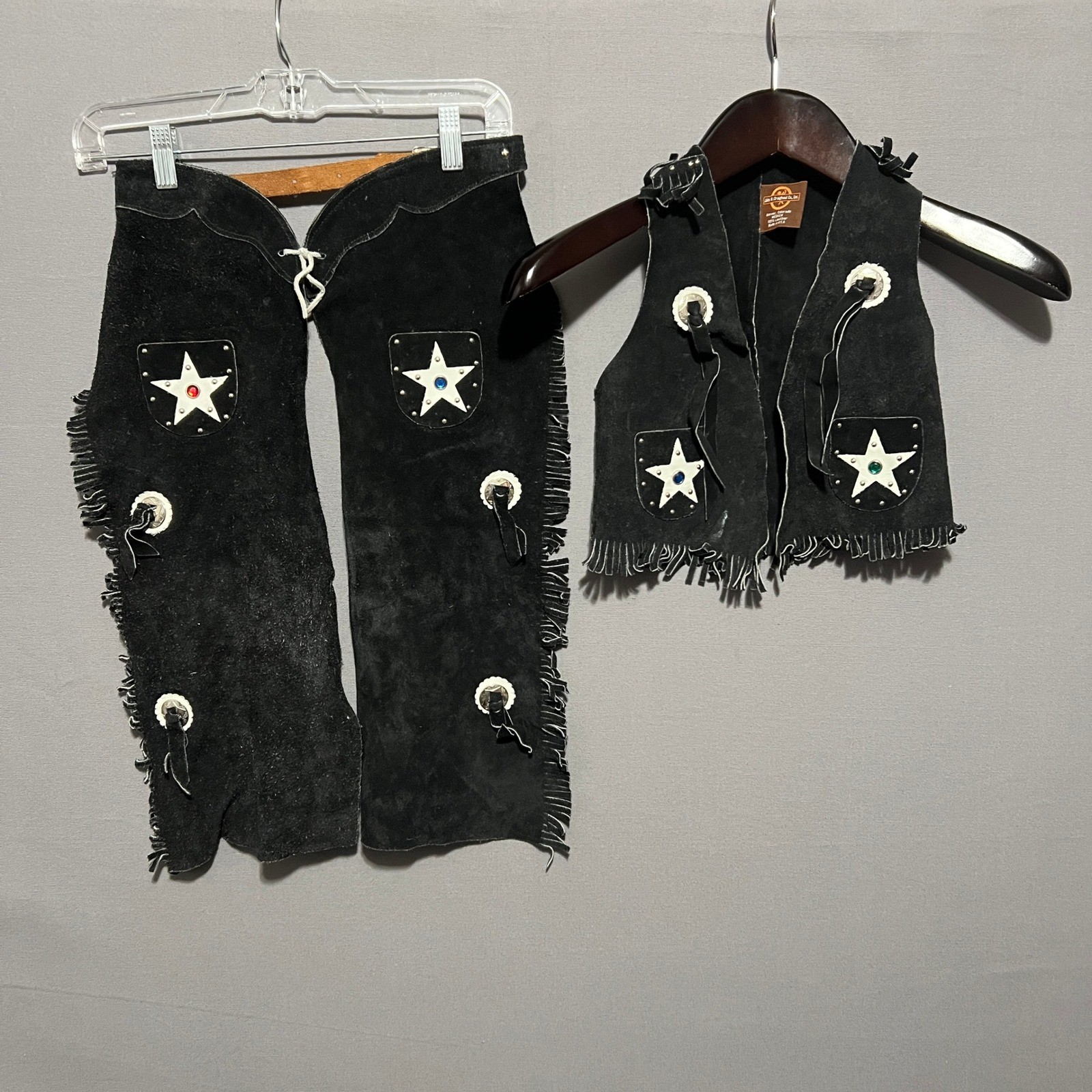 Vintage John R Craighead Kids Black Suede Leather Cowboy Chaps Vest Set Medium