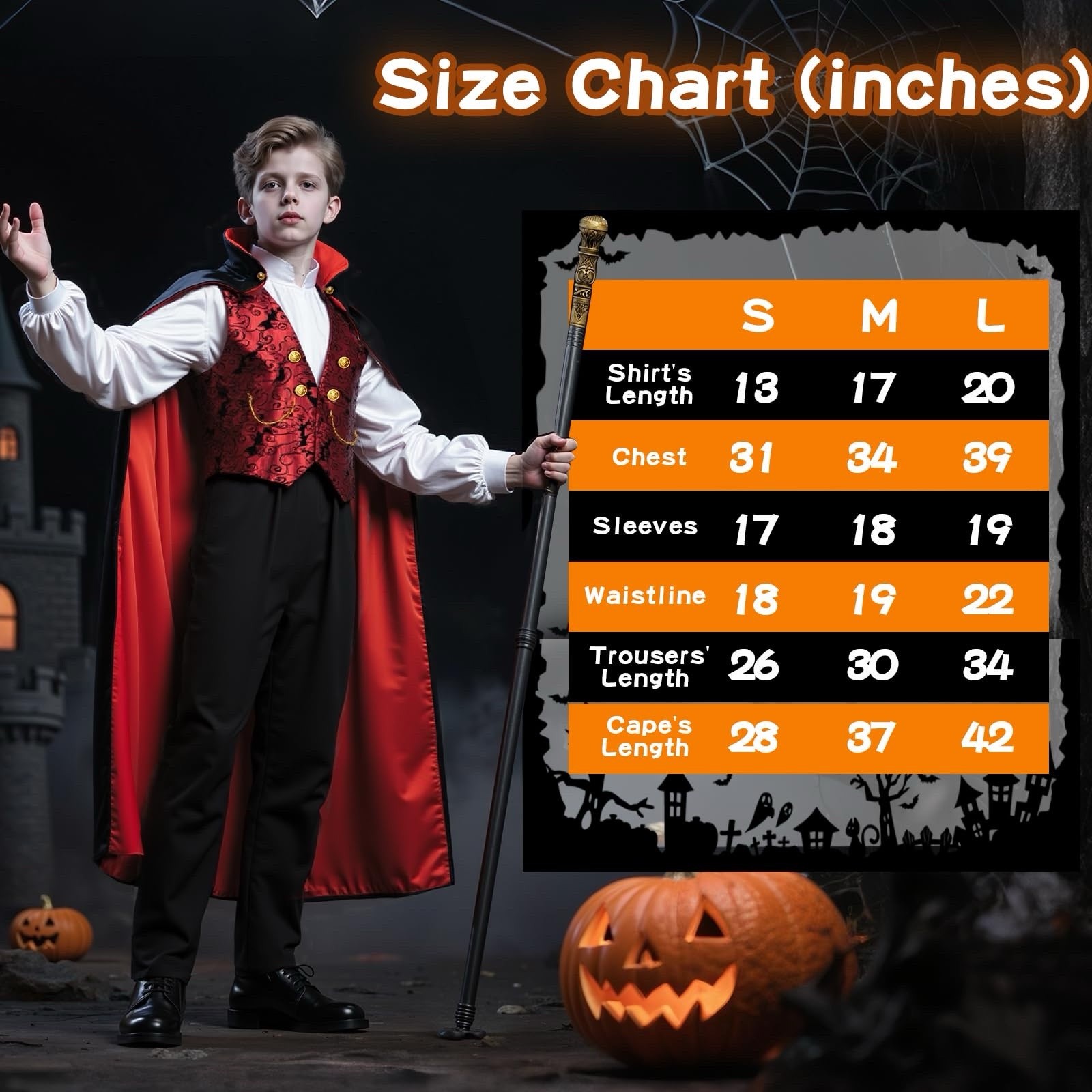 MSKOLER Boys Vampire Costume Cape Vest Pants Staff Set Kids 6–12 Large