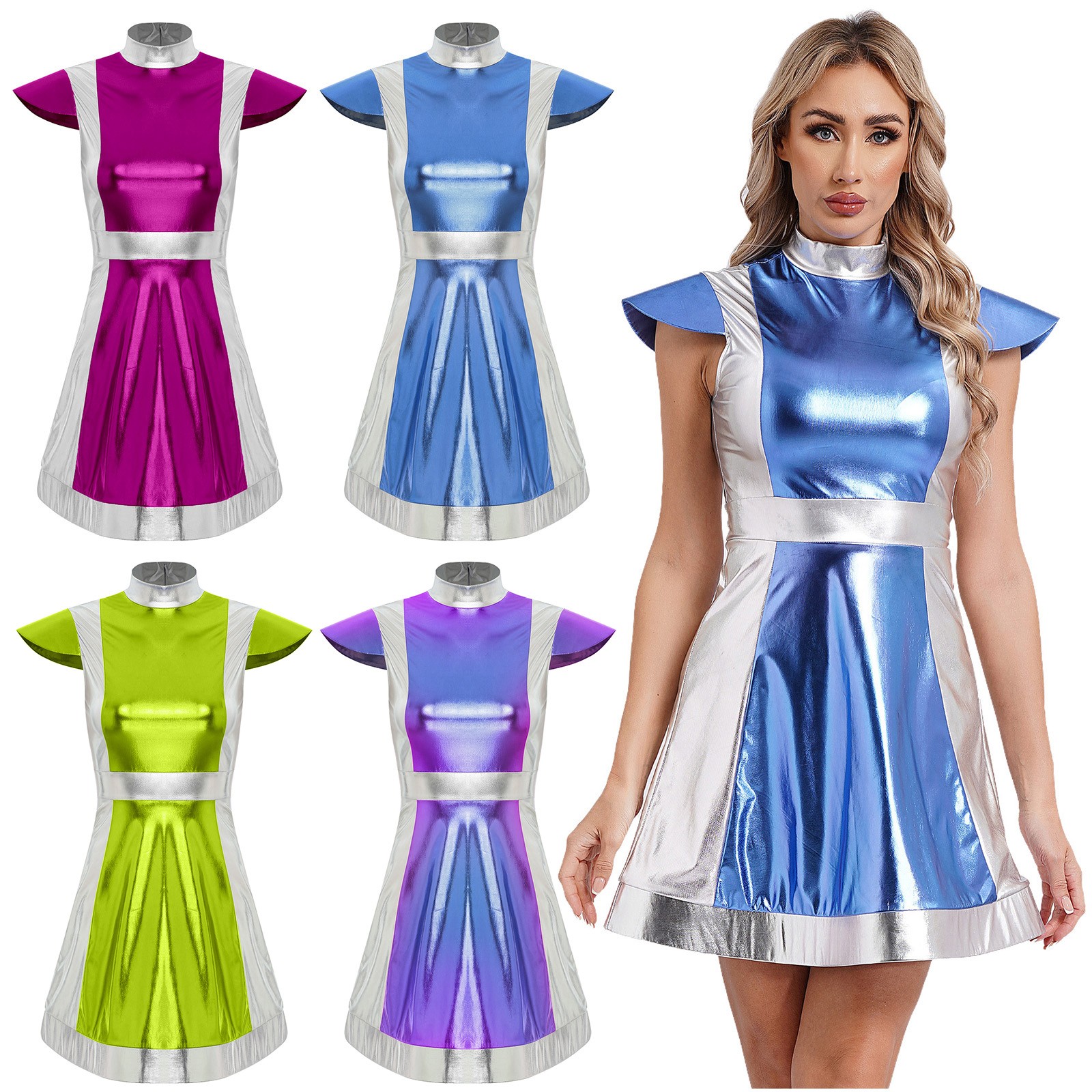 Women Outer Space Fighter Alien Costume Metallic Shiny Dress Astronaut Dress up