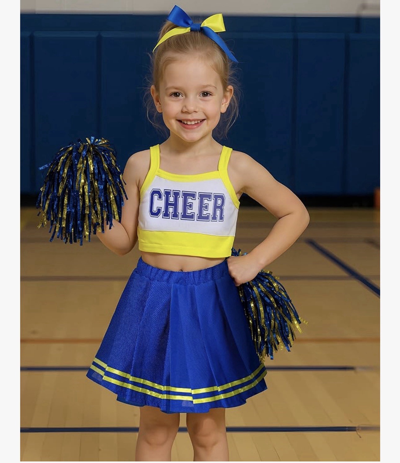 JenPen Girls M Cheerleader Outfit Costume Top Skirt Bows Pop Poms Blue Yellow