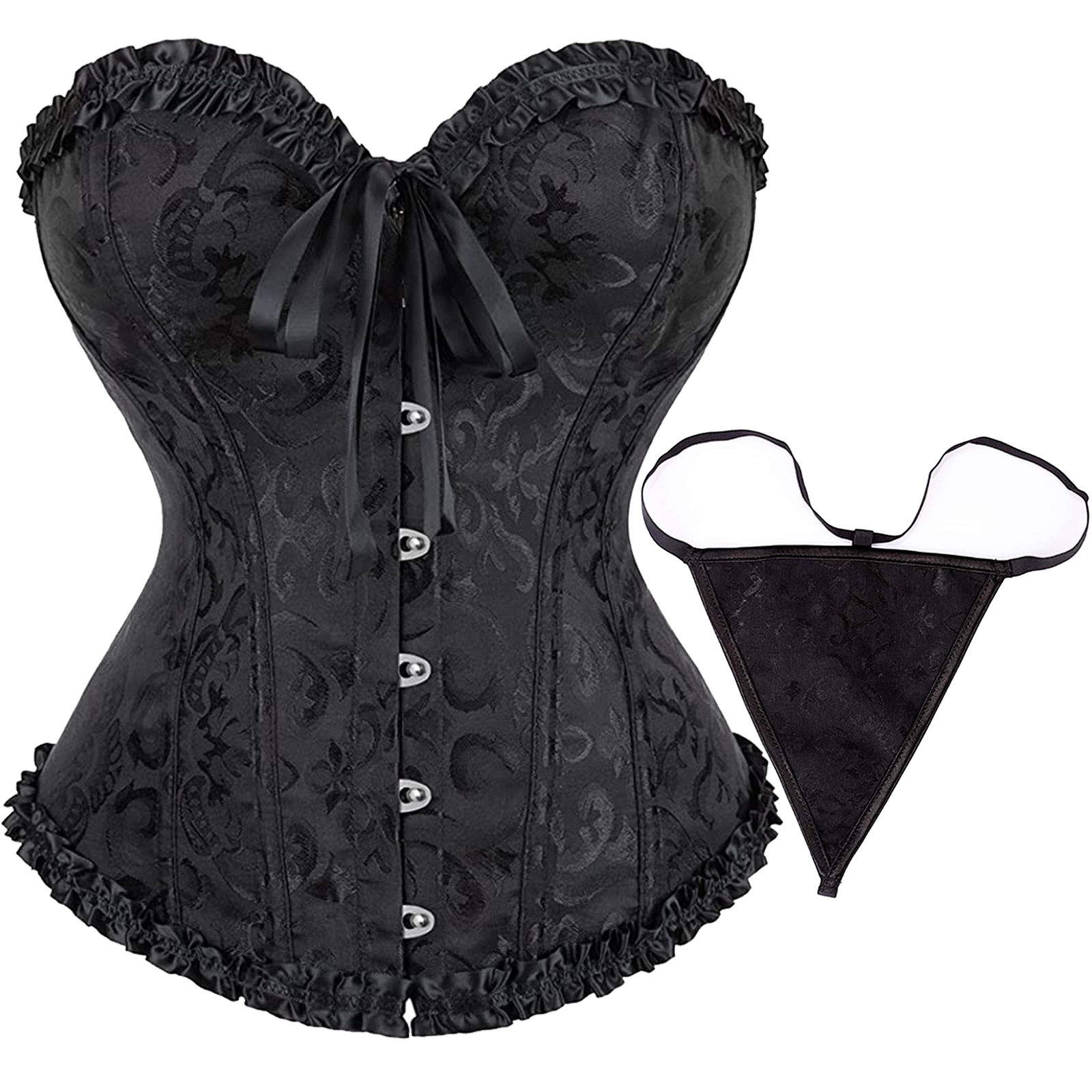 Women Boned Brocade Overbust Sexy Corset Bustier Top Set Waist Training Cincher