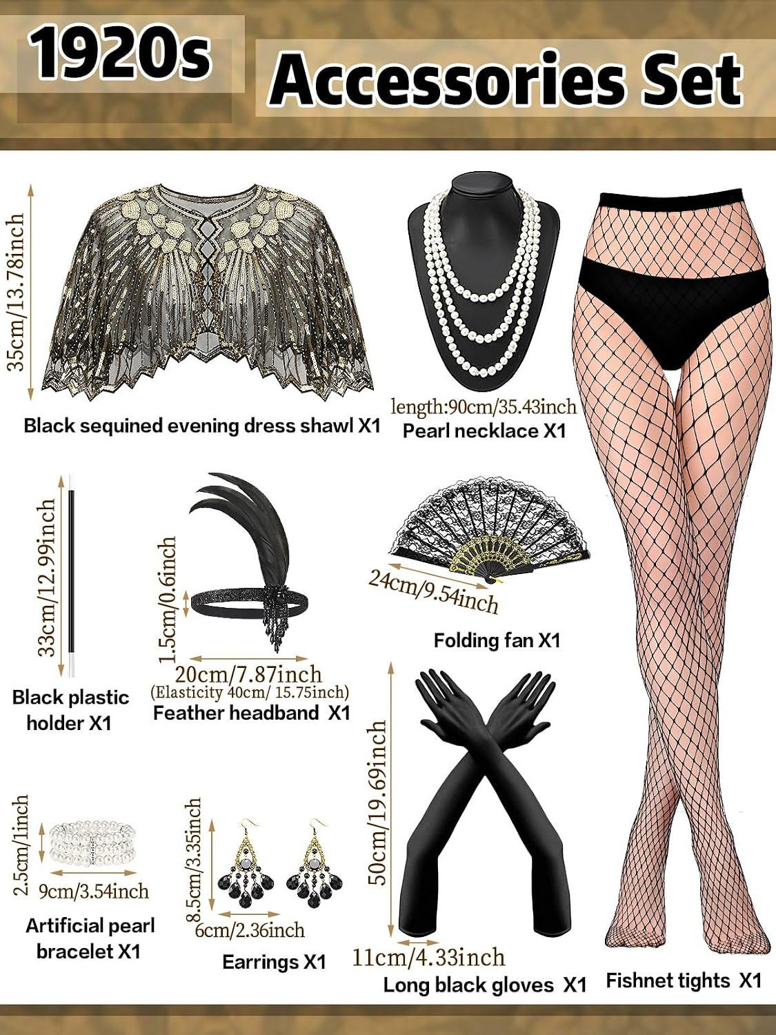 9 Pcs 1920S Flapper Gatsby Accessories Set for Women Tea Party Outfit Black |
