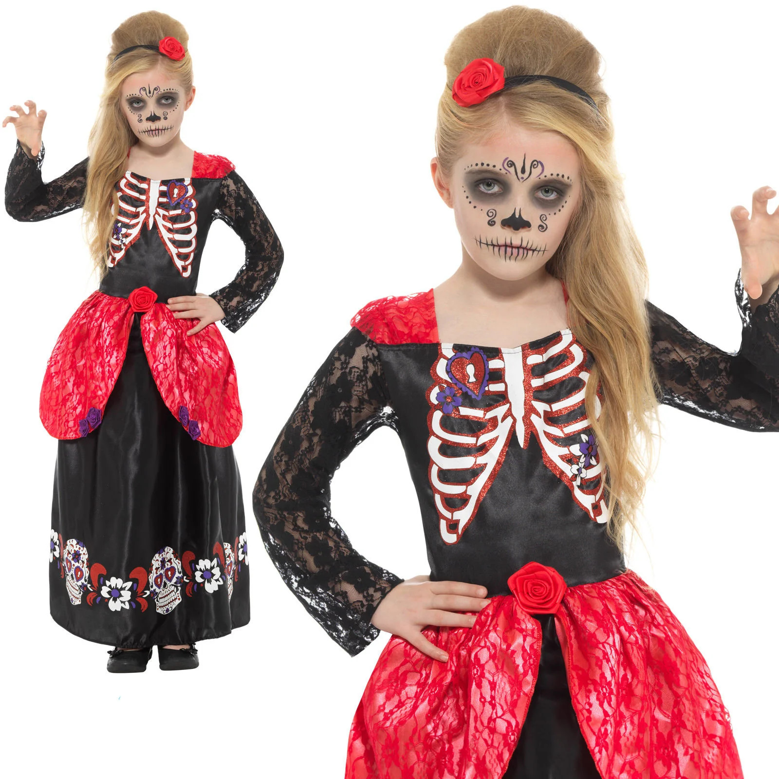 Girls Skeleton Day Of The Dead Bride Costume Halloween Bones Fancy Dress