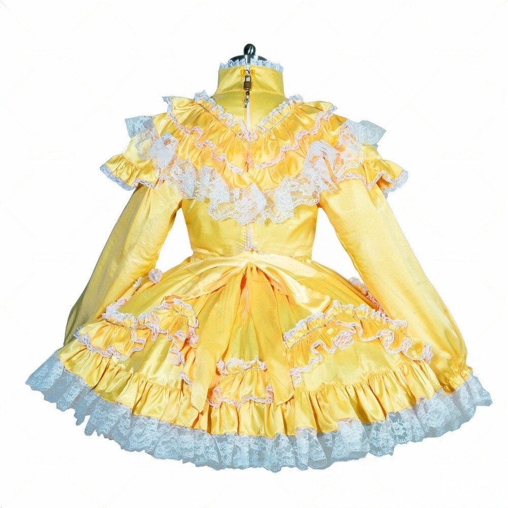 Gothic Girl Maid Sissy Lockable Yellow Satin Dress Cosplay Costumes Tailor-made