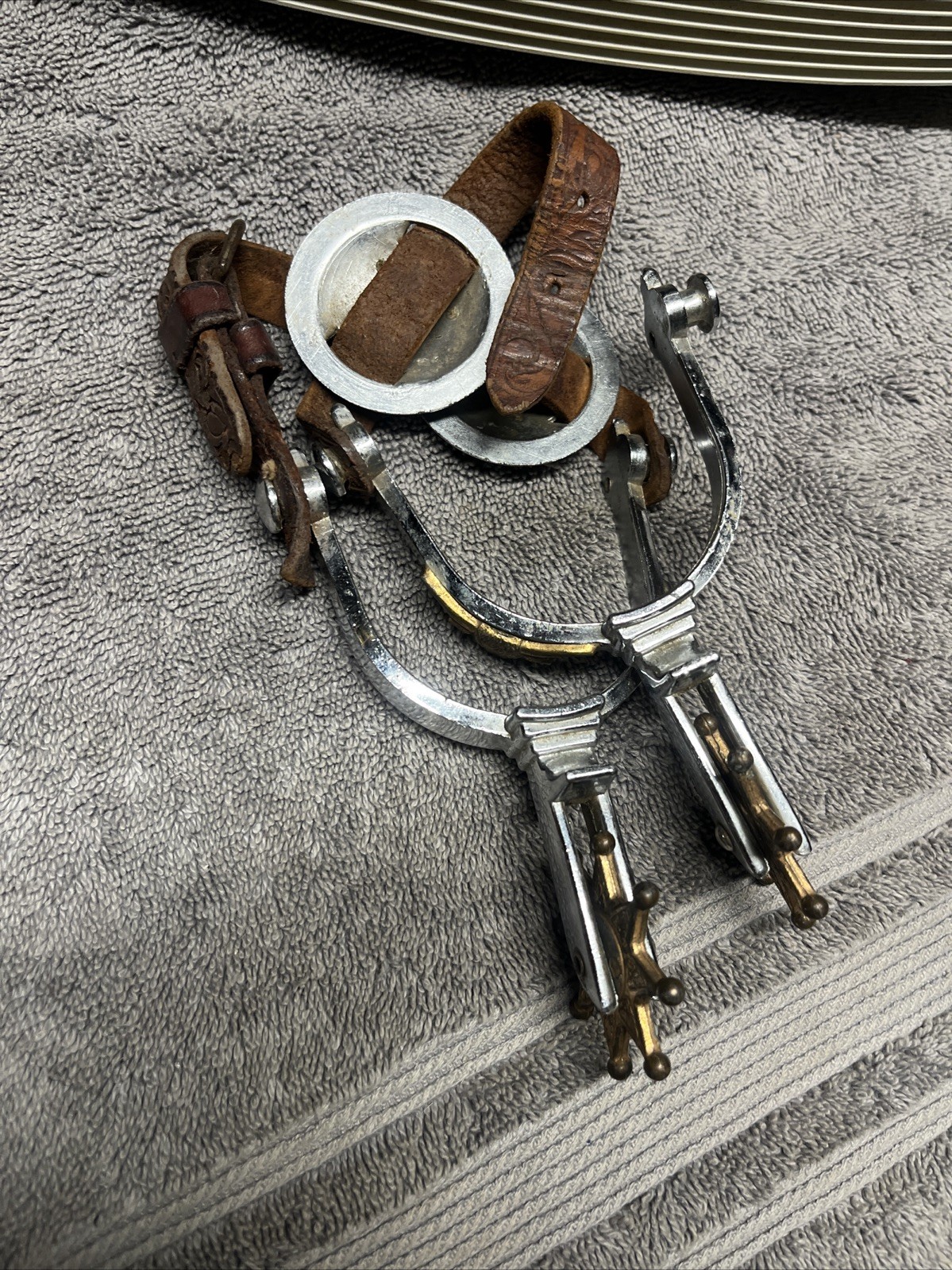 Western Cowboy Spurs Leather Straps Silver & Copper Horse Riding Equestrian