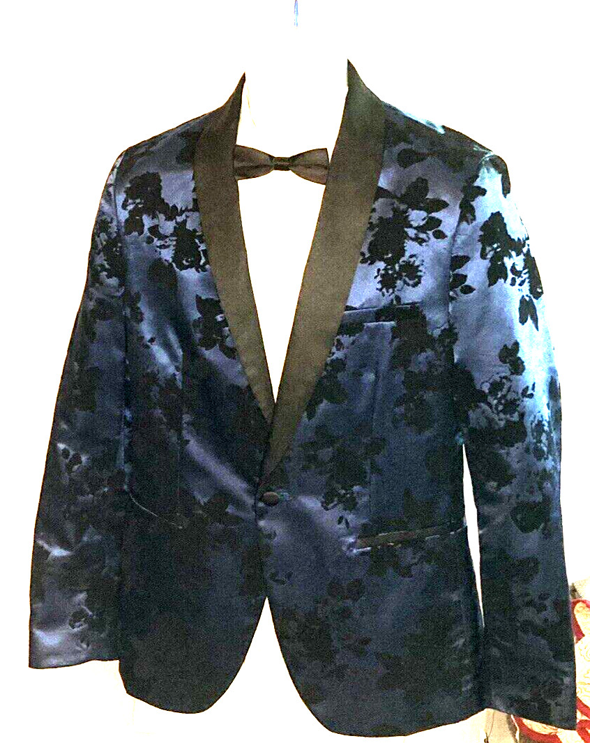 new with tags, INTERNATIONAL CONCEPTS, BLUE SATIN BROCADE TUX, MED, SLIM FIT ,
