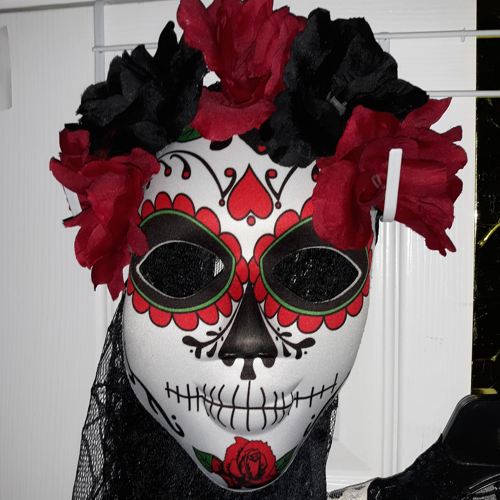 Spirit Day Of The Dead Dress & Mask W/ Veil Lace Roses Sz XL Sugar Skulls Adult