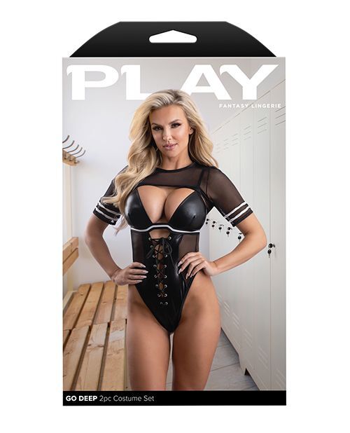 PLAY GO DEEP LACE UP WET LOOK FOOTBALL BODYSUIT WITH MESH JERSEY SHRUG