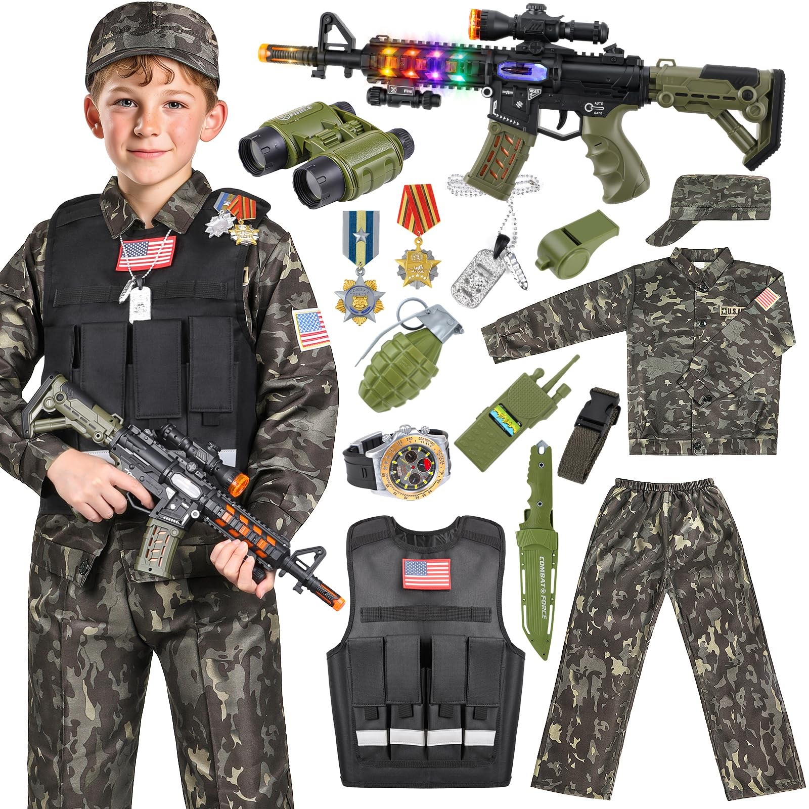 Kids Army Costume for Boys, Military Soldier Costume with Army Toys, Boys Hal…