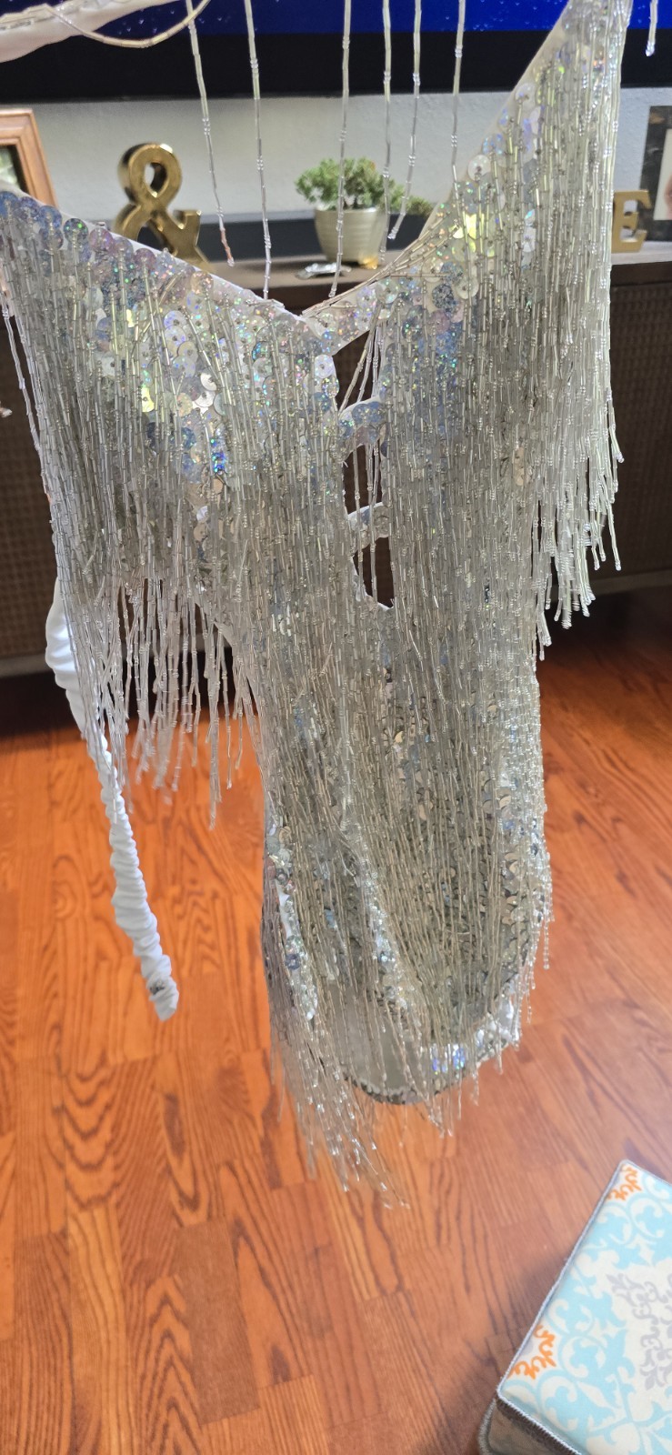 Silver Sequin Bead Fringe Performance Bodysuit Adult L Pop Star Stage Costume