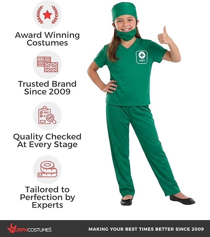 Kids Vet Costume S-XL Boys Girls Green Animal Doctor Scrubs Uniform Halloween