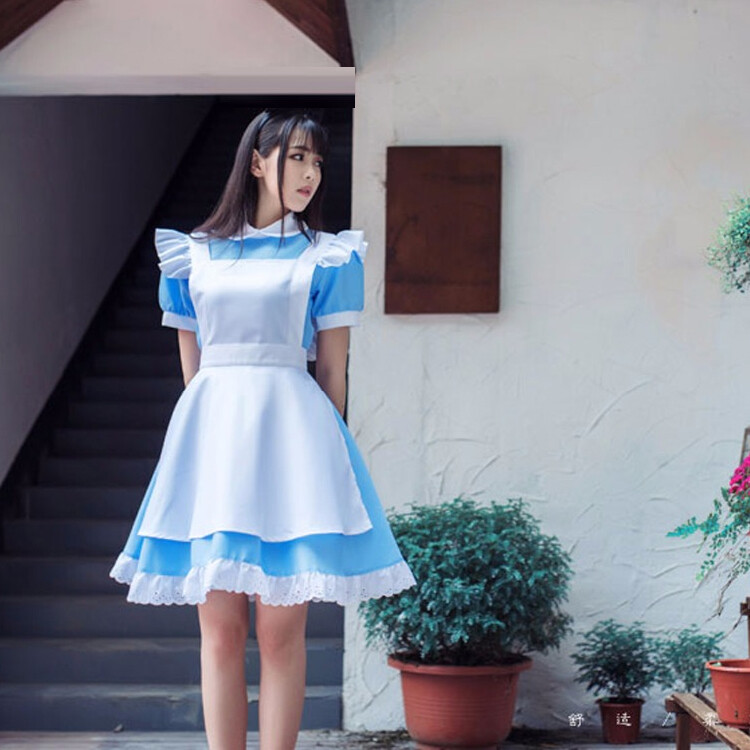 Alice in Wonderland Costume Waitress Uniform Maid Blue Dress Halloween Cosplay