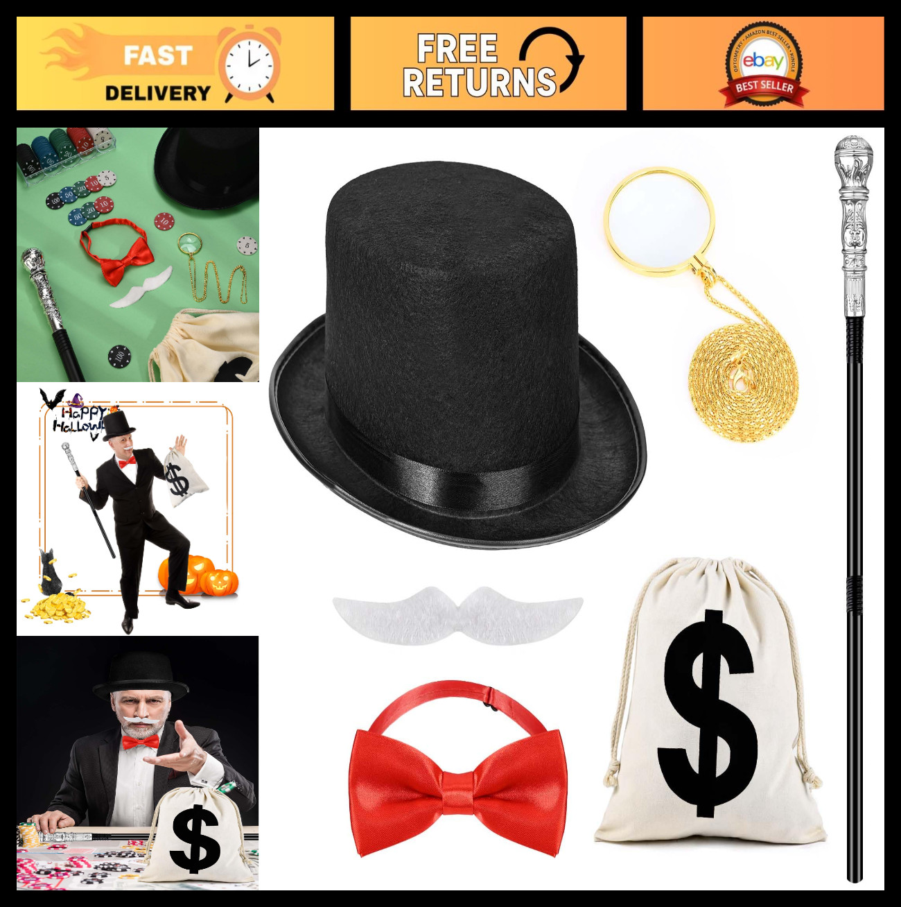 7-Pack Gentleman Cosplay Costume Set – Top Hat, Bow Tie, Moustache, Money Bag fo