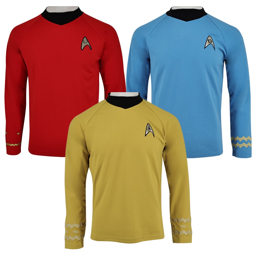 Cosplay TOS Captain Kirk Gold Shirts Spock Blue Uniforms Red Starfleet Tops Mens