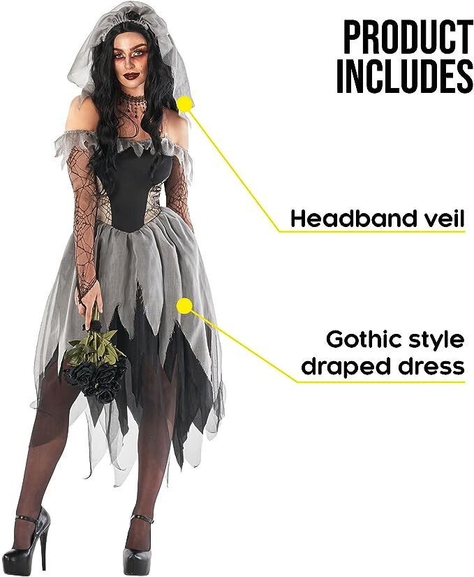 Women`s Zombie Bride Costume S – 3XL Undead Graveyard Corpse Ghost Halloween