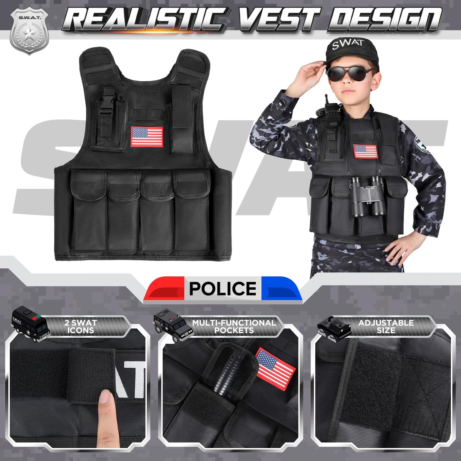 Luucio SWAT Police Costume for Kids, Kids Police Officer Costume for Boys wit