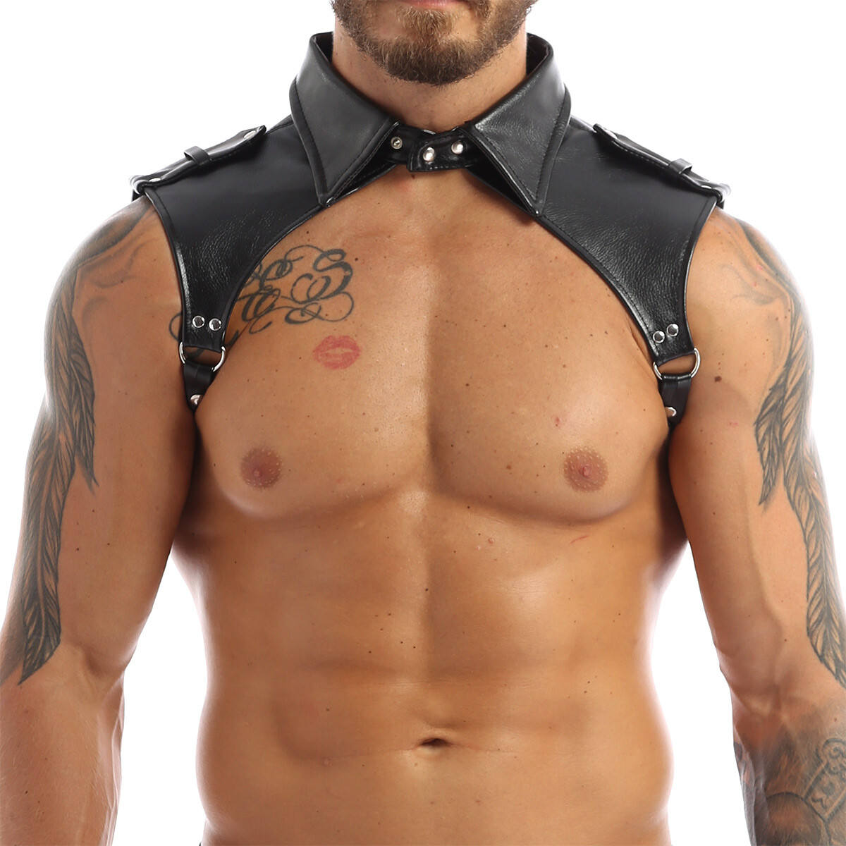 Mens Faux Leather Pauldron Body Chest Harness Buttons Shoulder Lapel Costume