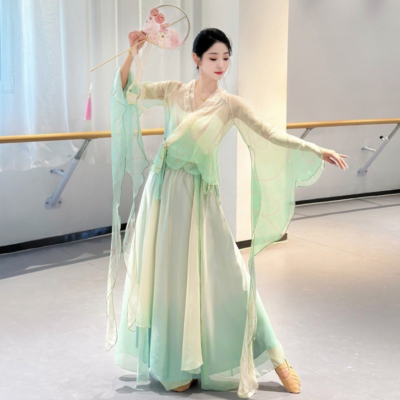 Women Chinese Style Dance Costume Chiffon Hanfu Outfit Traditional Classical Set