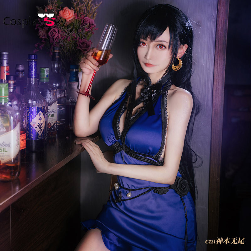 Dead Fantasy Cosplay Tifa Lockhart Costume Blue Dress Girl Uniform Outfit Show