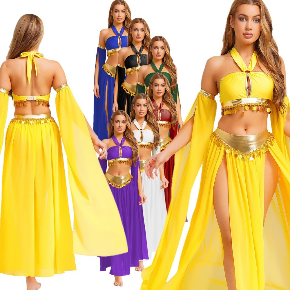 US Women Sexy Arabian Princess Belly Dance Halter Bra Top +Split Skirts +Sleeves