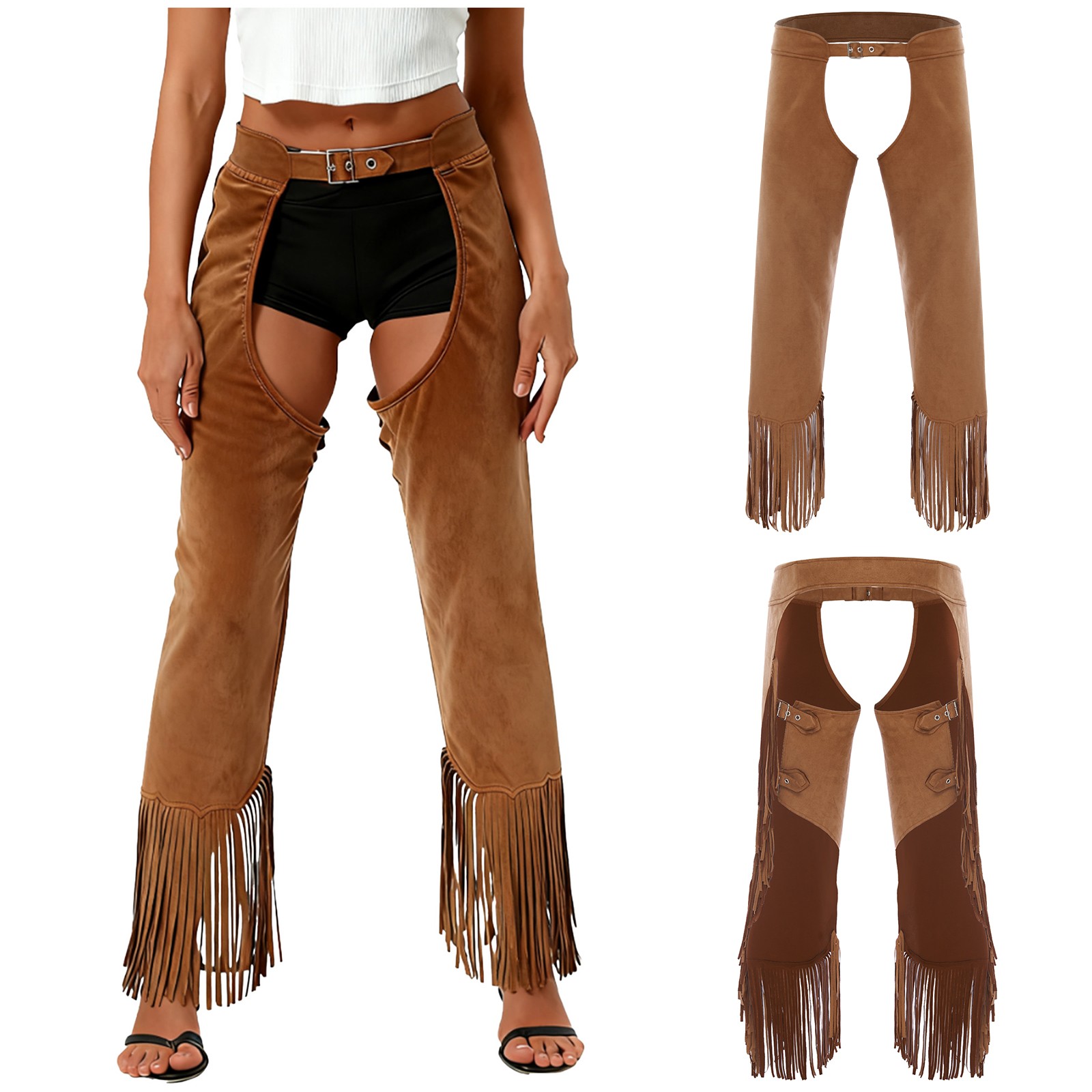 US Womens Faux Suede Tassel Chaps Costume Adjustable Waist Hollow Out Long Pants