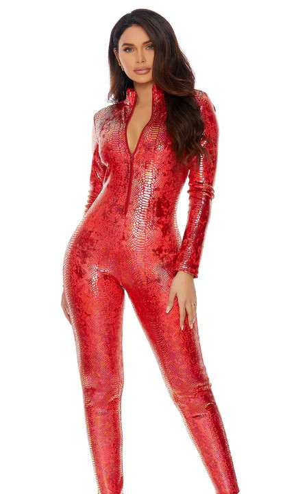 Womens Holographic Reptile Jumpsuit Zip Front Catsuit Bodysuit Costume Party