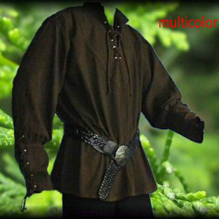Mens Medieval Renaissance Pirate Shirt 18th Century Long Sleeve T-Shirt Cosplay