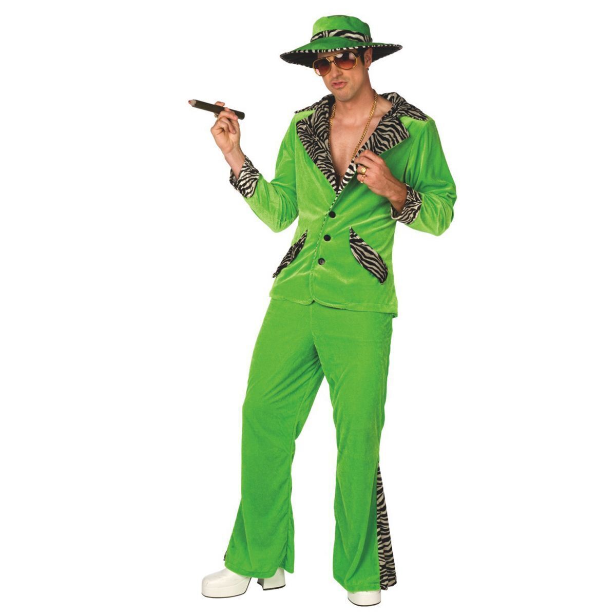 Men`s Green PIMP DADDY Costume + Hat 1970s Gangster Velvet Suit Halloween
