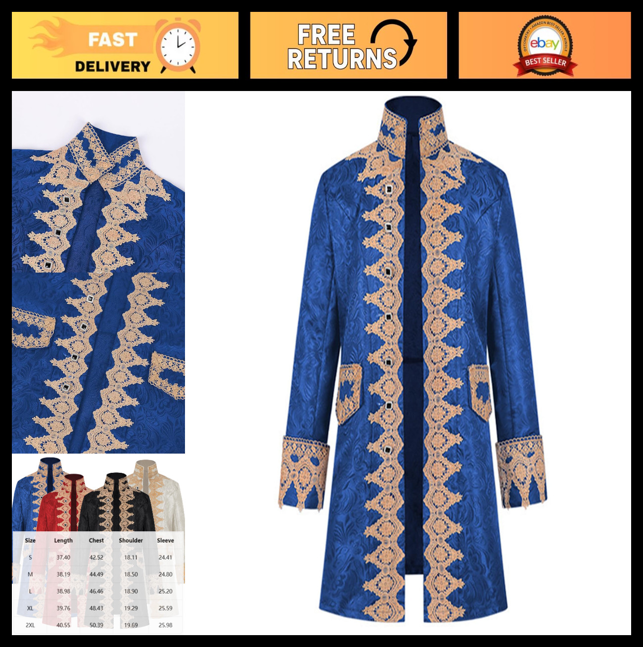 Men’s Gothic Pirate Tailcoat – Victorian Renaissance Costume Jacket with Gold La