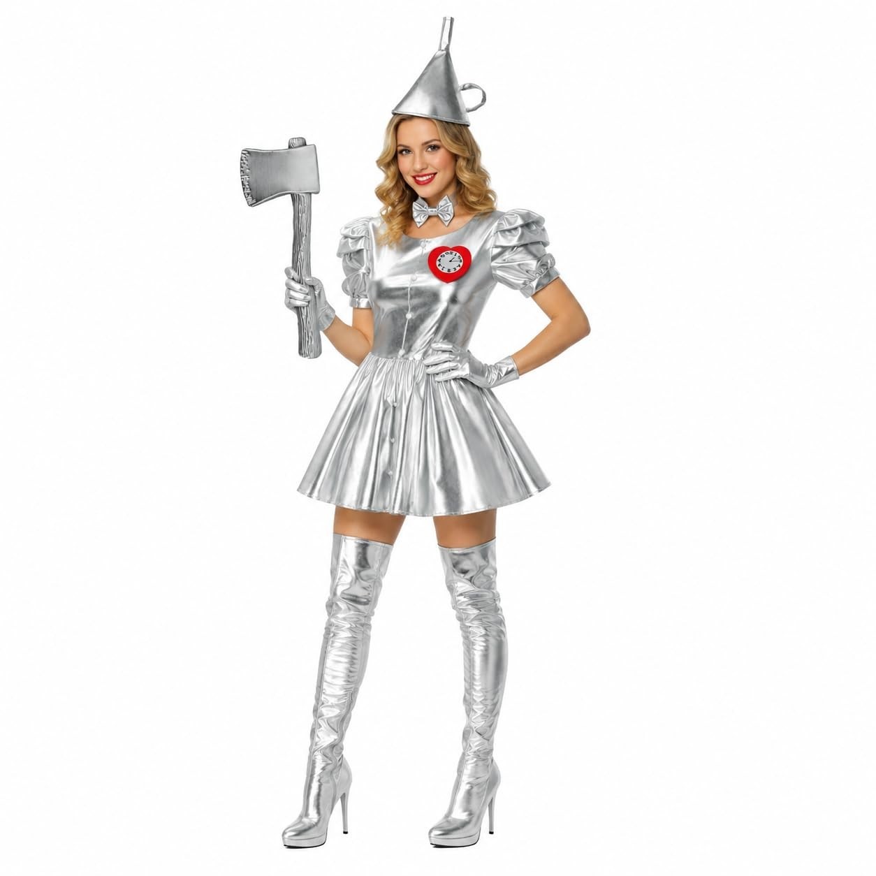 Silver Metallic Dress Costume for Women – Funnel Hat, Fake Axe, Gloves & Bow Tie
