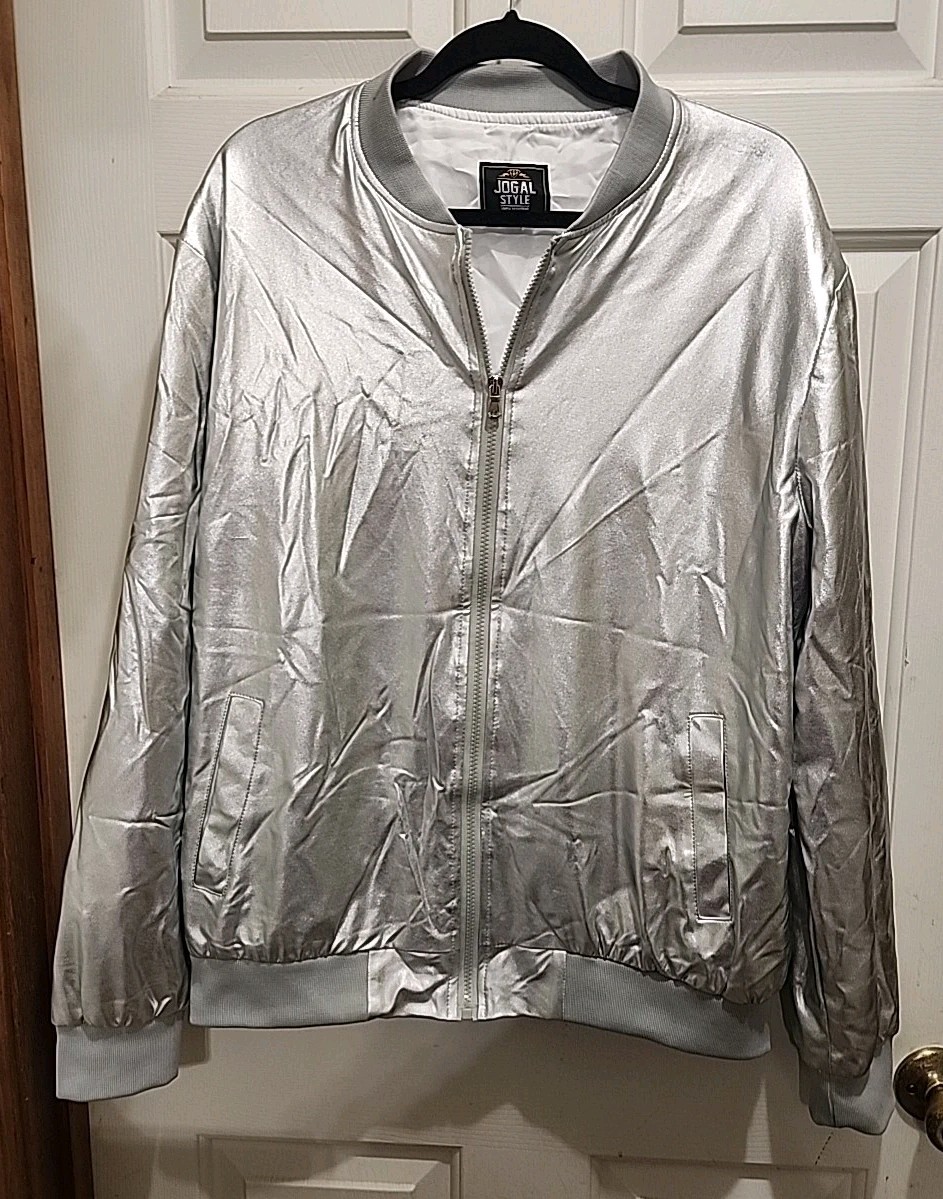 JOGAL UNISEX XXL METALLIC SILVER ZIP BOMBER STYLE JACKET 70’s DISCO COSTUME