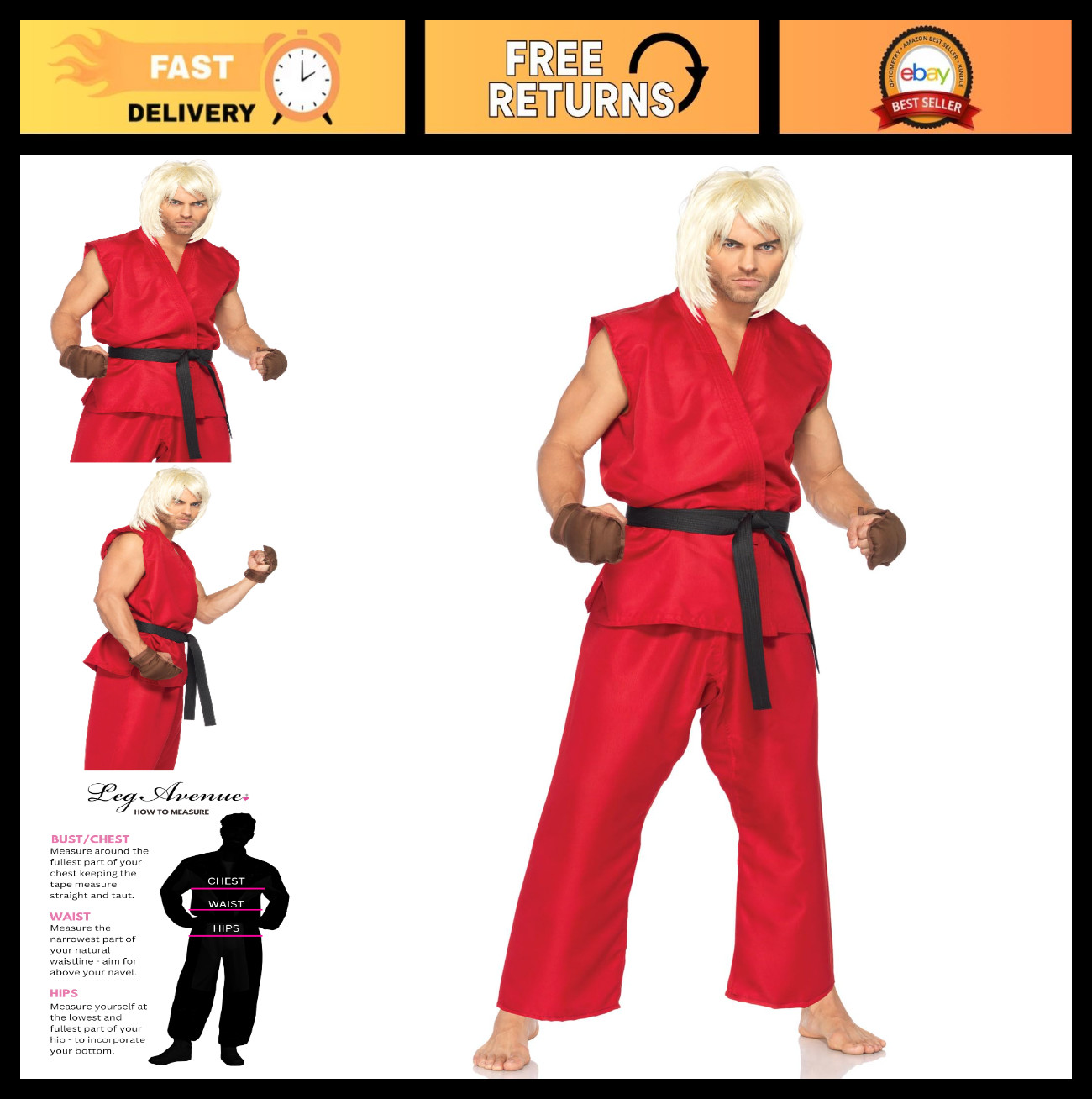 Men’s Street Fighter Ken Costume – Classic Video Game Outfit, Cosplay, Halloween