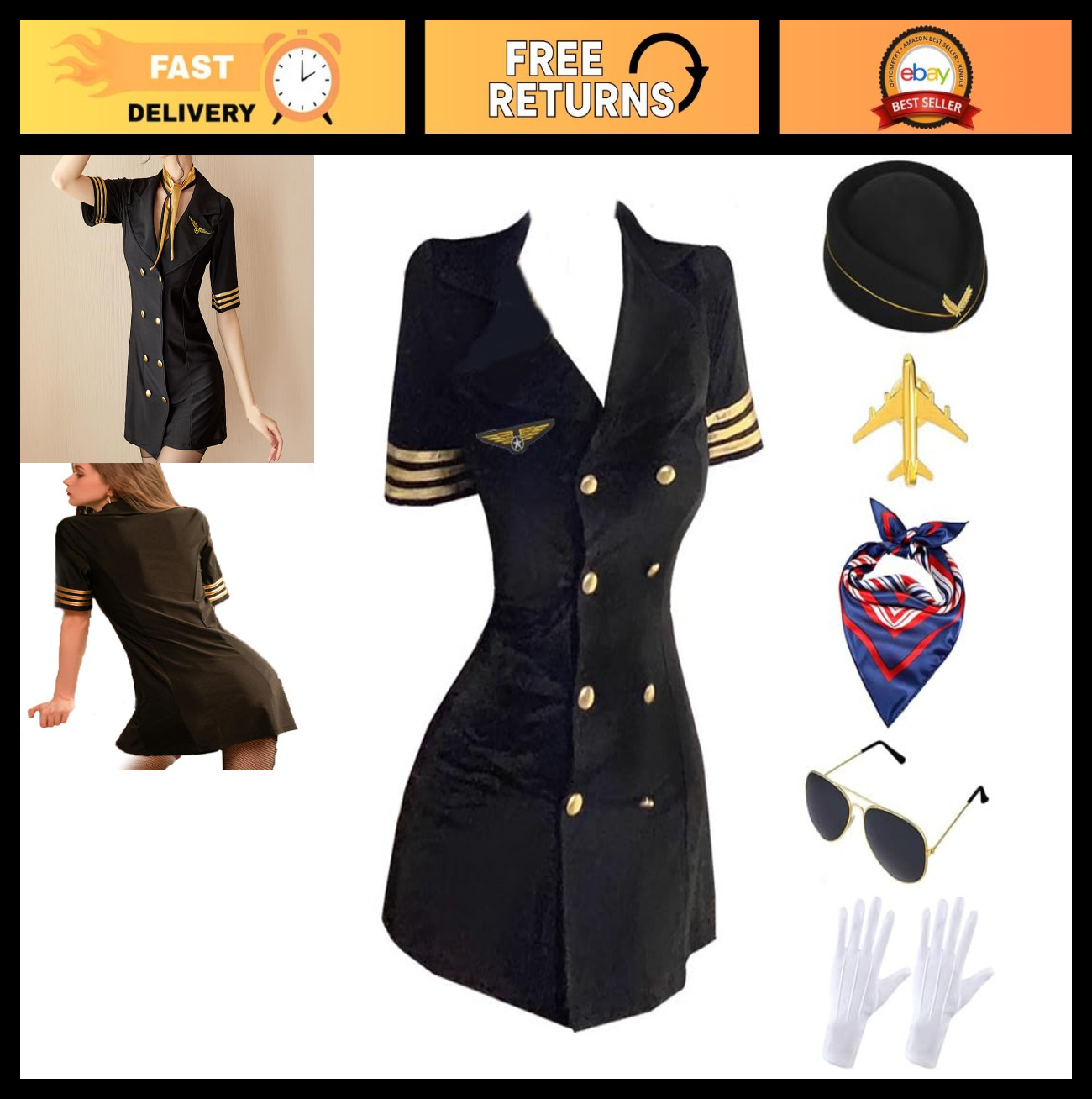 Adult Flight Attendant Costume for Women with Accessories – Stewardess Outfit