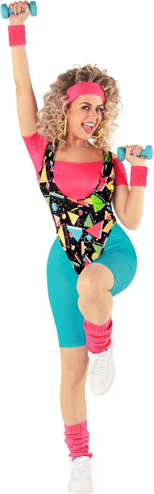 Women`s Fitness Instructor Costume 80`s Retro Gym Workout Leotard + Sweatbands