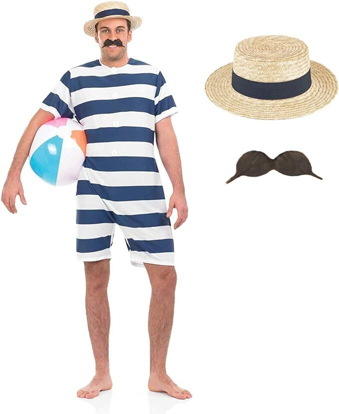 Mens Blue Victorian Bathing Suit Hat Tash Beach Hunk Fancy Dress Costume M L XL