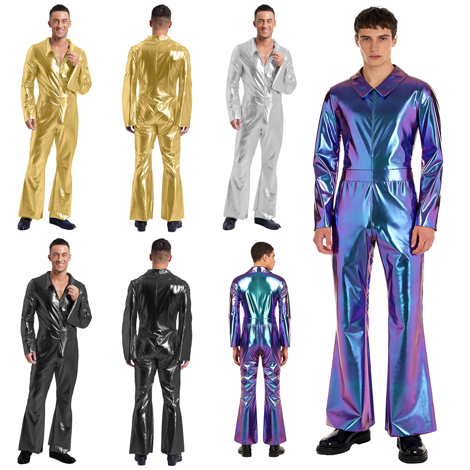 US Mens 70s Disco Dance Costume Shiny Metallic Jumpsuit Halloween Nightclub Rave
