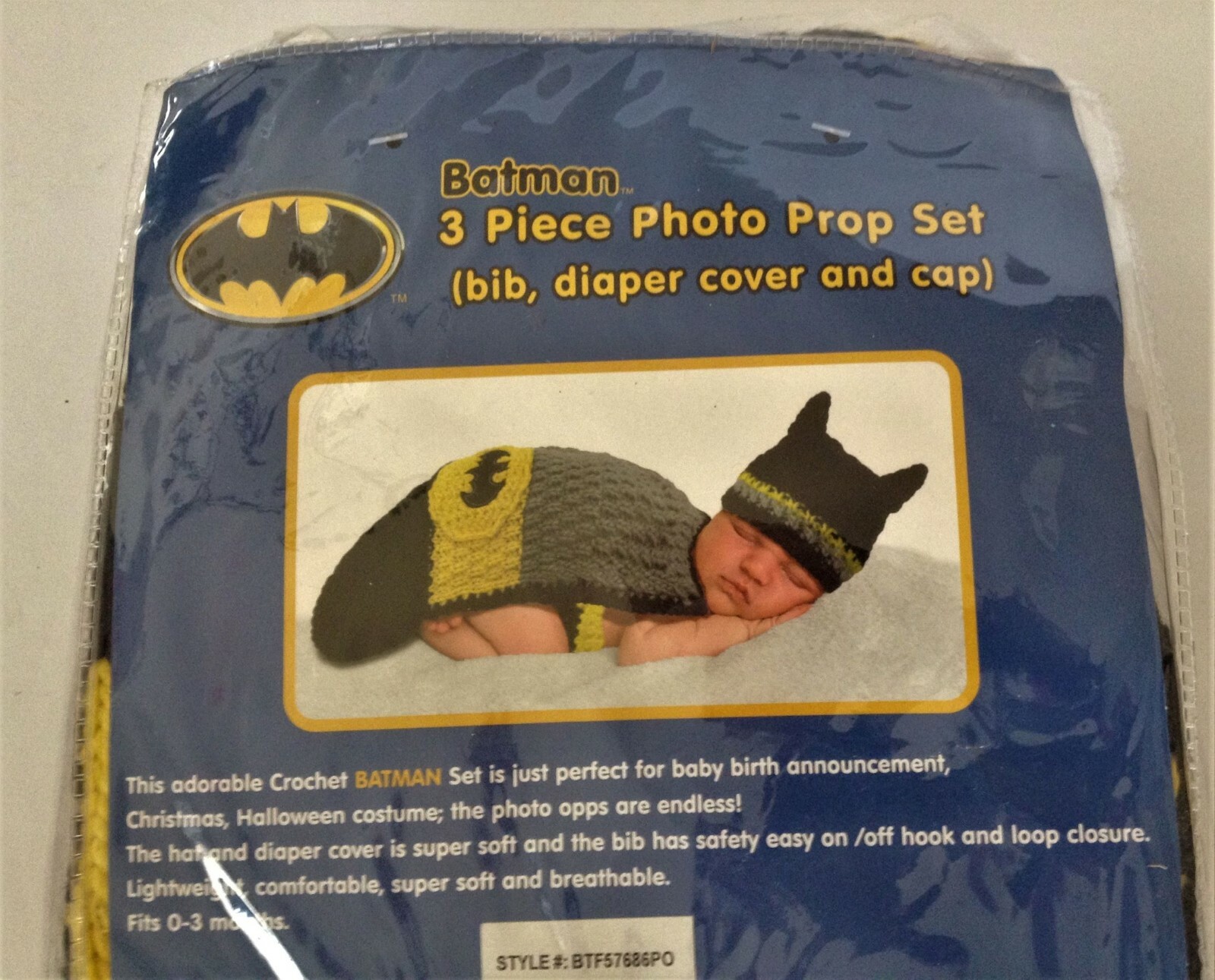 Infant Crochet BATMAN Photo Prop Set Costume 0-3mo NEW Bib Diaper Cover Cap 3pc