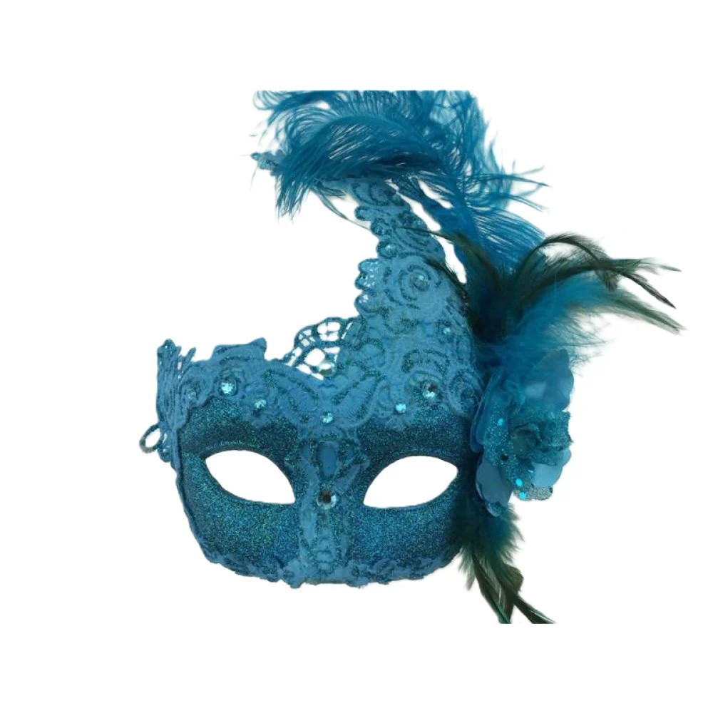 Sky Blue Venetian Mask – Brocade Lace – Feathers – Costume Accessory – One Size