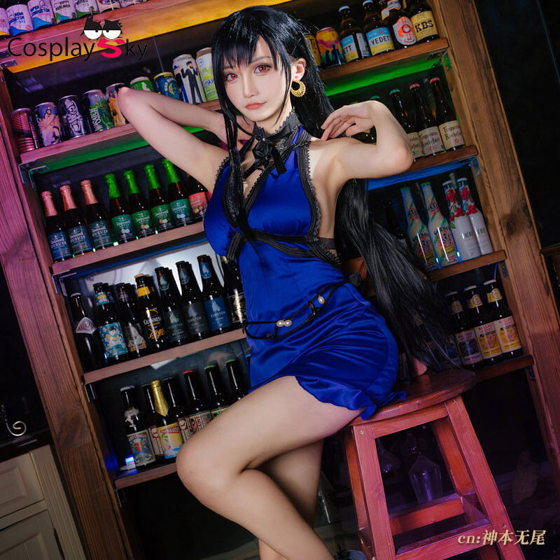Dead Fantasy Cosplay Tifa Lockhart Costume Blue Dress Girl Uniform Outfit Show