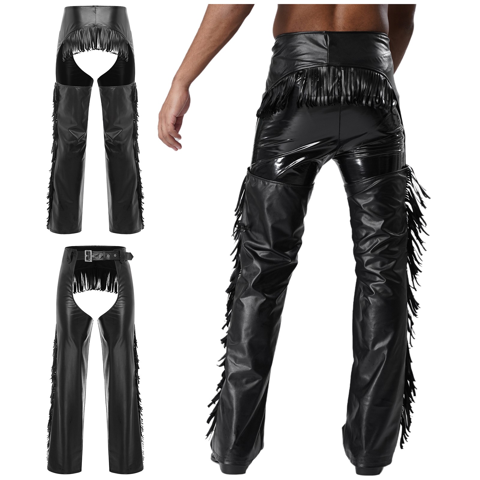 Men Western Cowboy Chaps Faux Leather Fringed Open Buttocks Tassels Pants Club