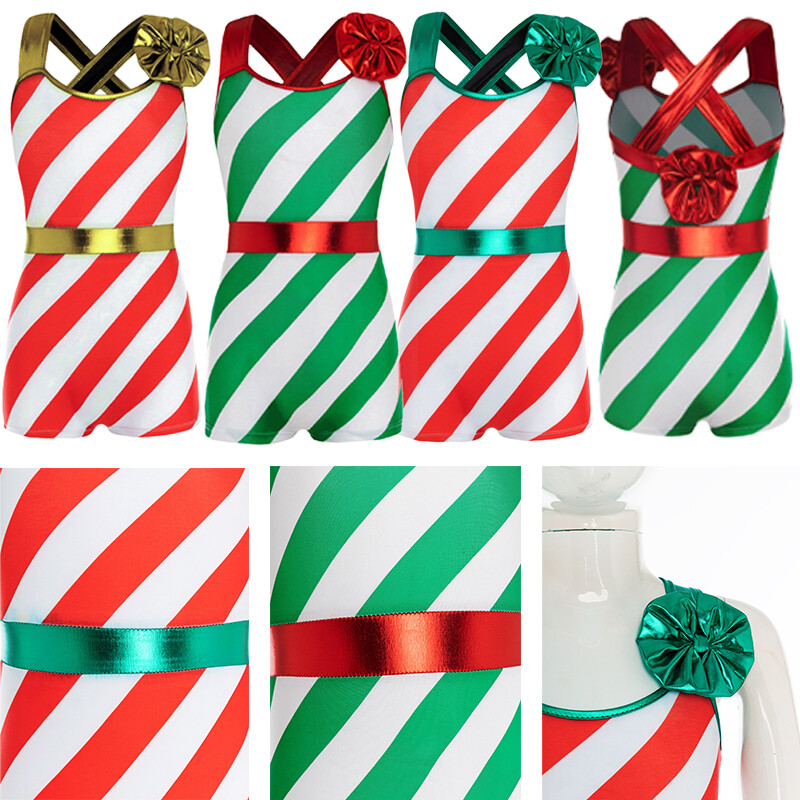 Kids Girls Bodysuit Costume Unitard Dress Up Jumpsuit Stripes Theme Santa Claus