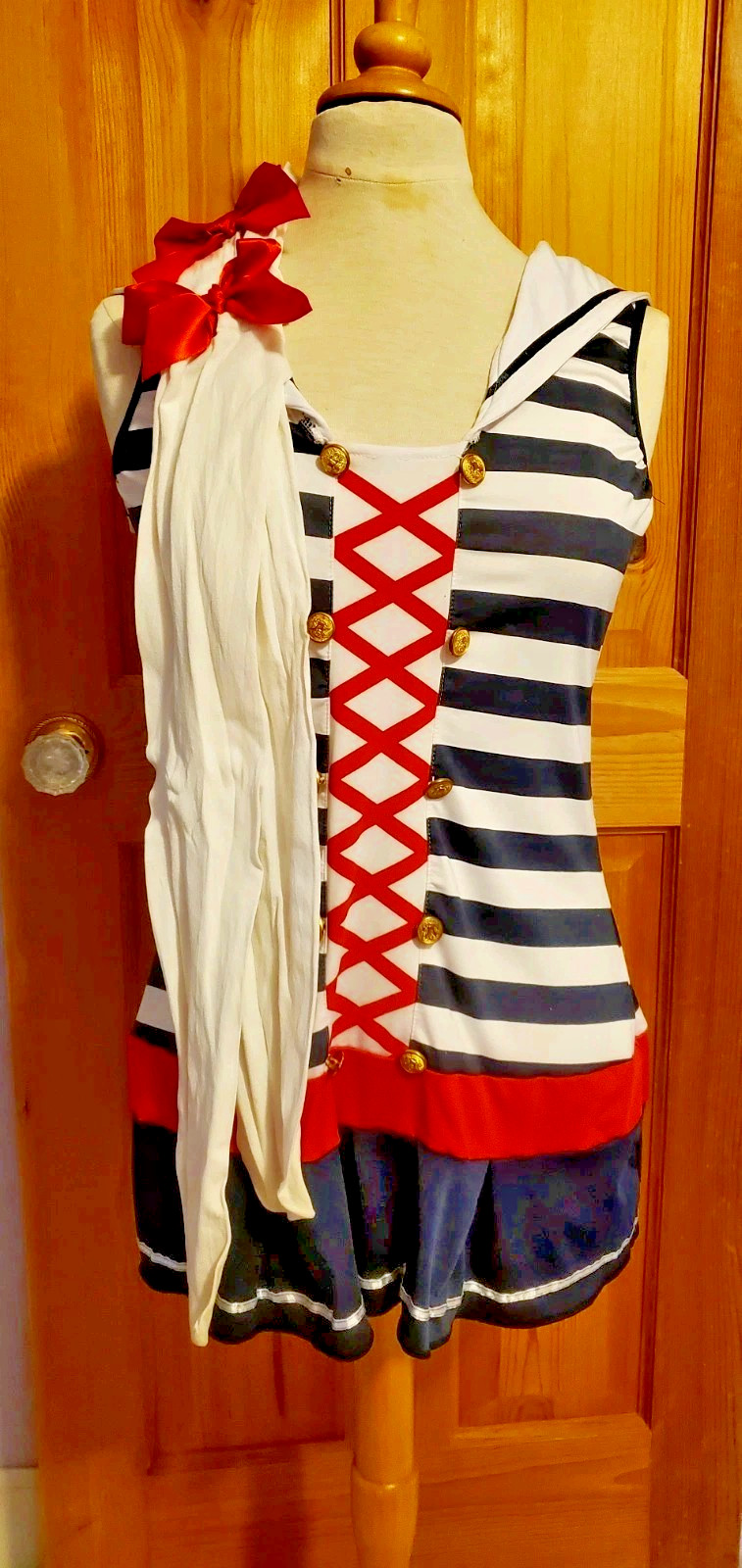 White Sailor Costume Dress & Knee Highs Garters Stockings Red Blue MEDIUM Stripe