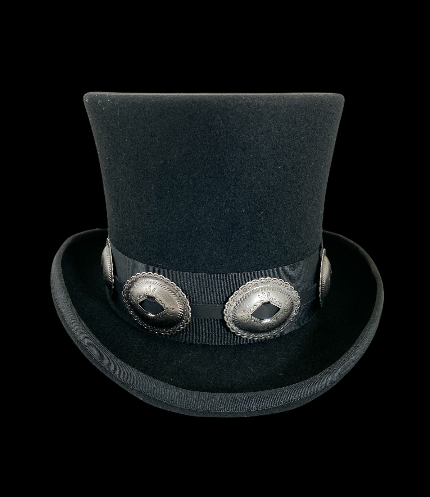 Black 100% Wool Felt Top Hat Concho Band Victorian Costume Slash Mad Hatter USA