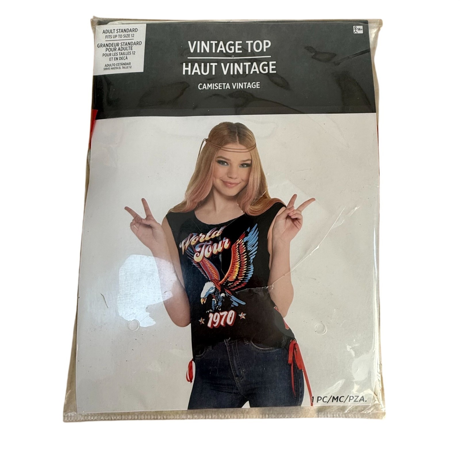 1970 World Tour Eagle Graphic Sleeveless Black Top Halloween Costume Disco AS