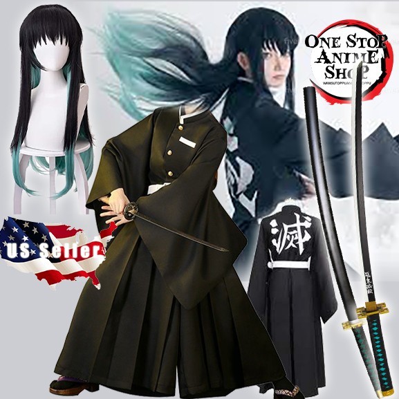 Men’s Costume Demon Slayer Kimetsu no Yaiba Outfit Cosplay Sword Wig Set US ship