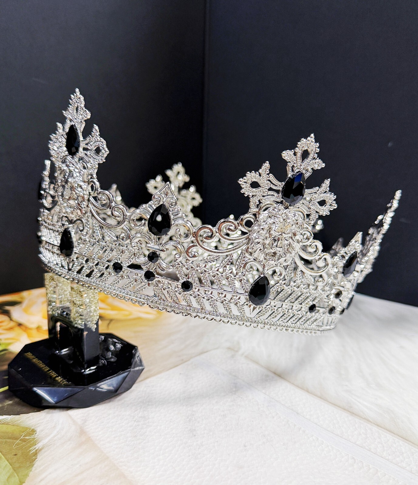 Silver Lion King Crown, Prince Wedding Headpiece, Black Crystal Crown for Groom